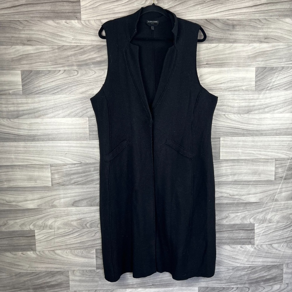 Eileen Fisher Long Vest Women's Large Black Merino Wool Notch Lapel Sleeveless‎
